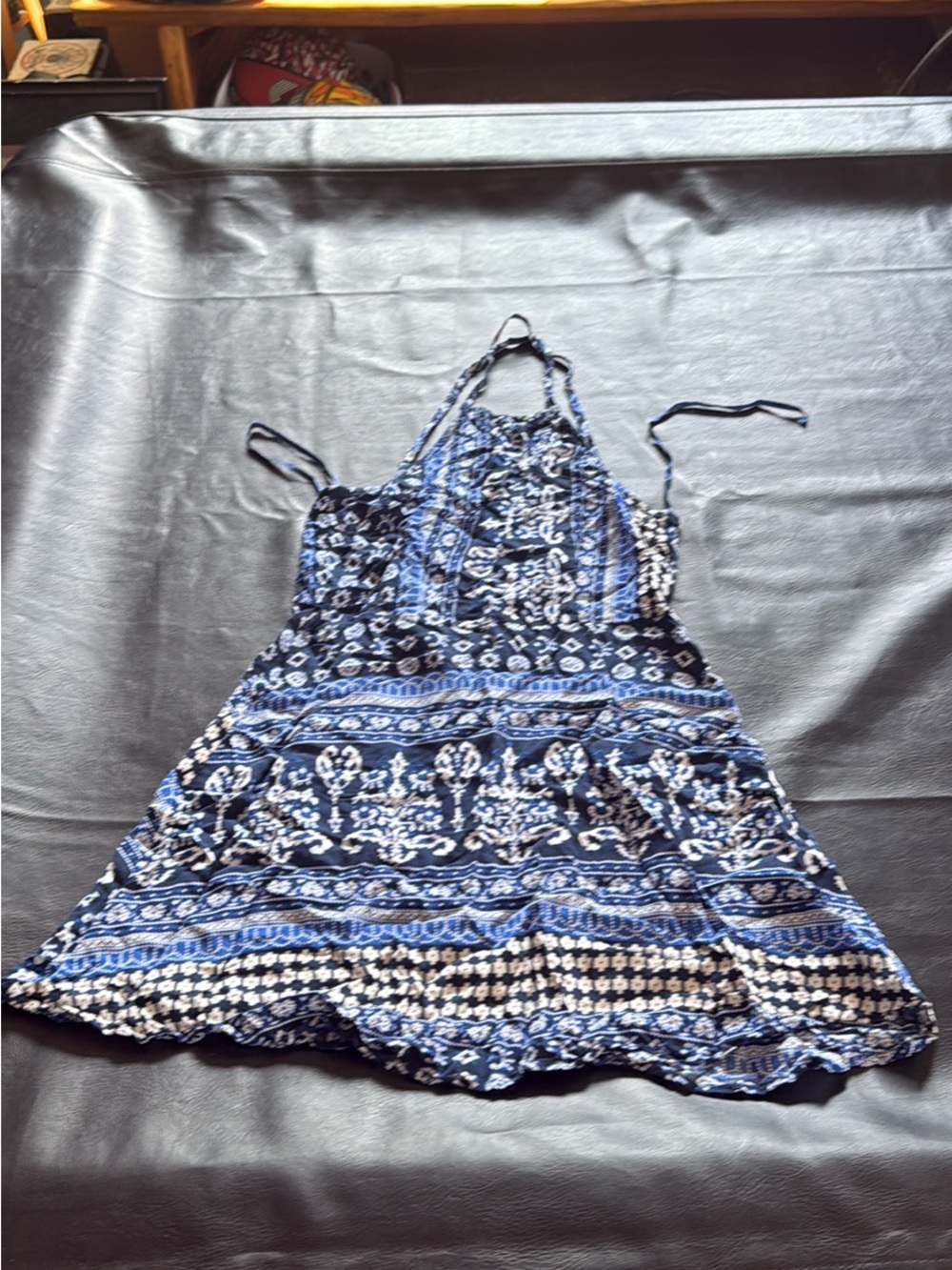 Abbie by Angel Biba Blue and White Mixed Print Halter Dress